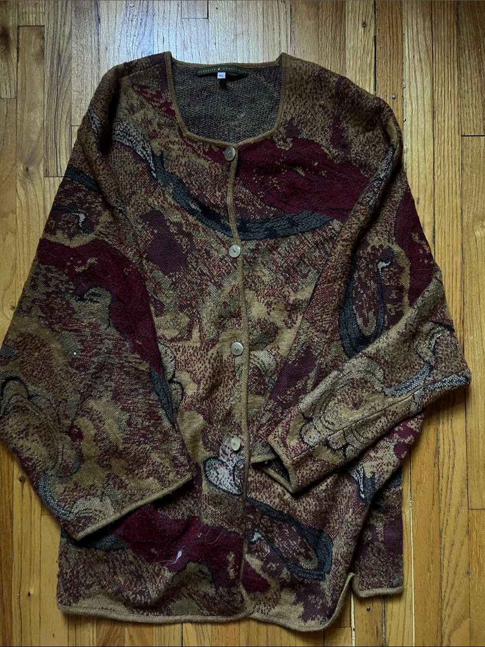 Peruvian Connection Paisley Pattern Button-Front Coatigan - Burgundy & Tan